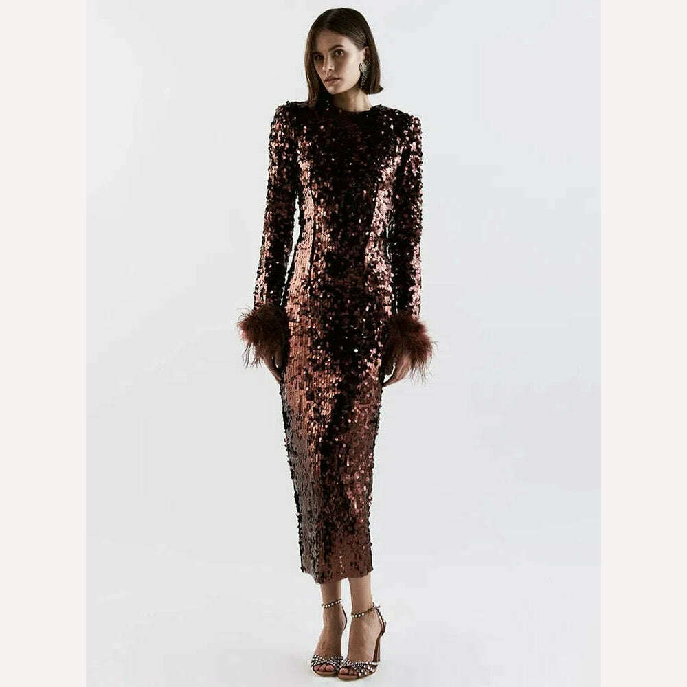 Women O Neck Long Sleeve Luxury Sequin Feather Bodycon Dress Elegant Feather Long Sleeve Skinny Dress Celebrity Evening Party - KIMLUD