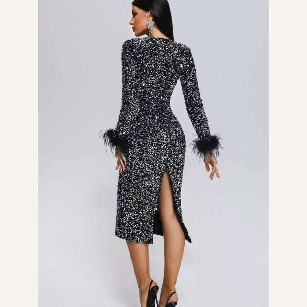 Women O Neck Long Sleeve Luxury Sequin Feather Bodycon Dress Elegant Feather Long Sleeve Skinny Dress Celebrity Evening Party - KIMLUD
