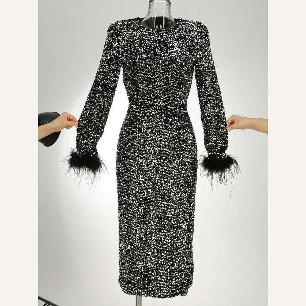 Women O Neck Long Sleeve Luxury Sequin Feather Bodycon Dress Elegant Feather Long Sleeve Skinny Dress Celebrity Evening Party - KIMLUD
