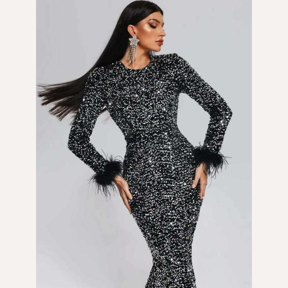 Women O Neck Long Sleeve Luxury Sequin Feather Bodycon Dress Elegant Feather Long Sleeve Skinny Dress Celebrity Evening Party - KIMLUD