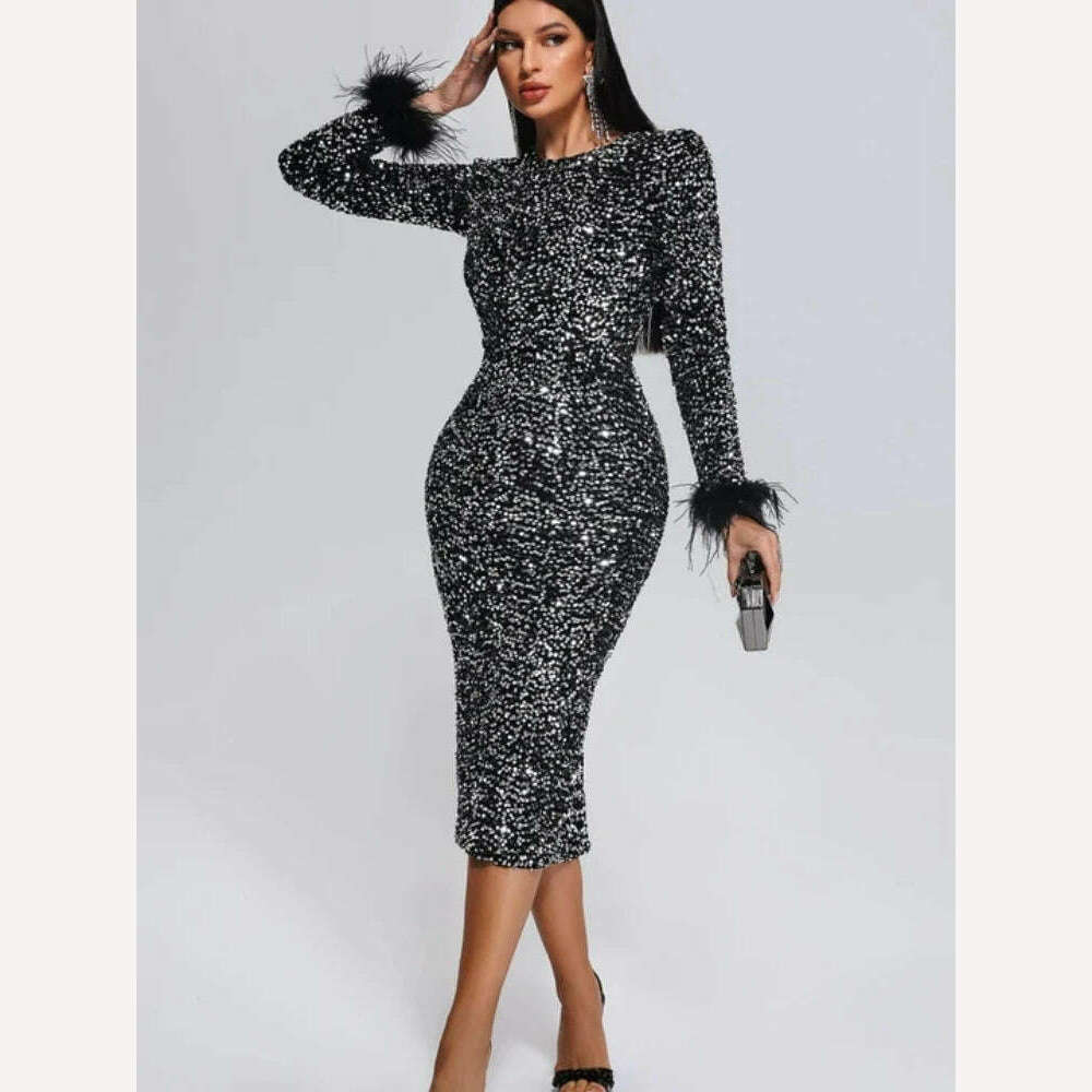 Women O Neck Long Sleeve Luxury Sequin Feather Bodycon Dress Elegant Feather Long Sleeve Skinny Dress Celebrity Evening Party - KIMLUD