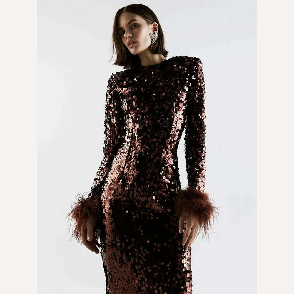 Women O Neck Long Sleeve Luxury Sequin Feather Bodycon Dress Elegant Feather Long Sleeve Skinny Dress Celebrity Evening Party - KIMLUD