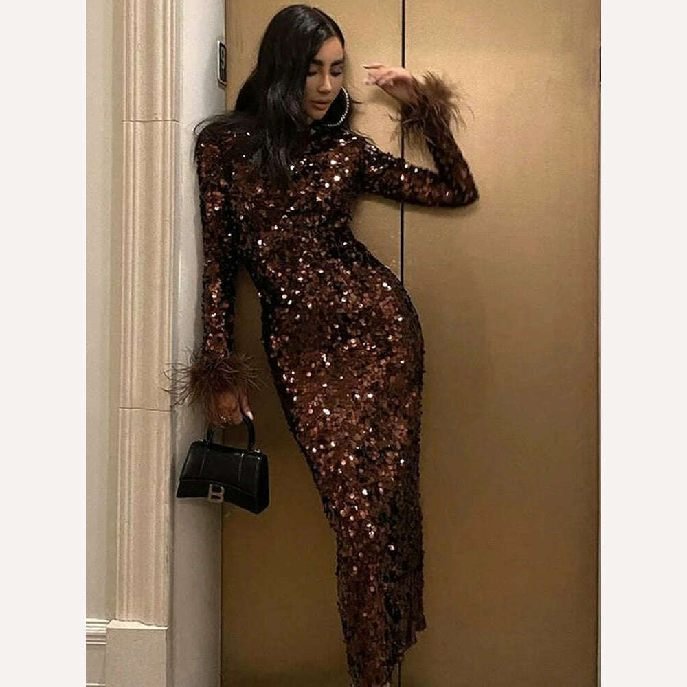 Women O Neck Long Sleeve Luxury Sequin Feather Bodycon Dress Elegant Feather Long Sleeve Skinny Dress Celebrity Evening Party - KIMLUD