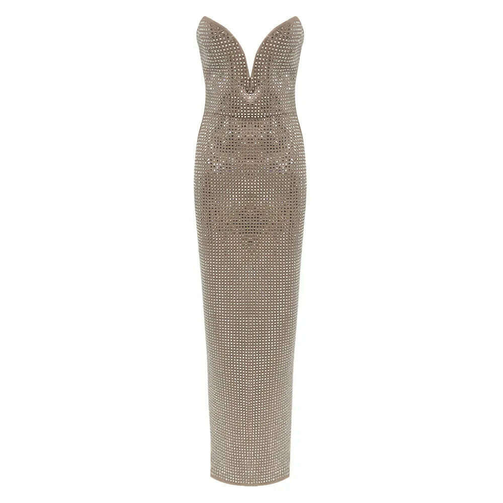 KIMLUD, Women Sexy Strapless Backless Crystal Diamonds Beige Split Maxi Long Bodycon Gowns Dress 2024 Elegant Evening Club Party Outfit, KIMLUD Womens Clothes