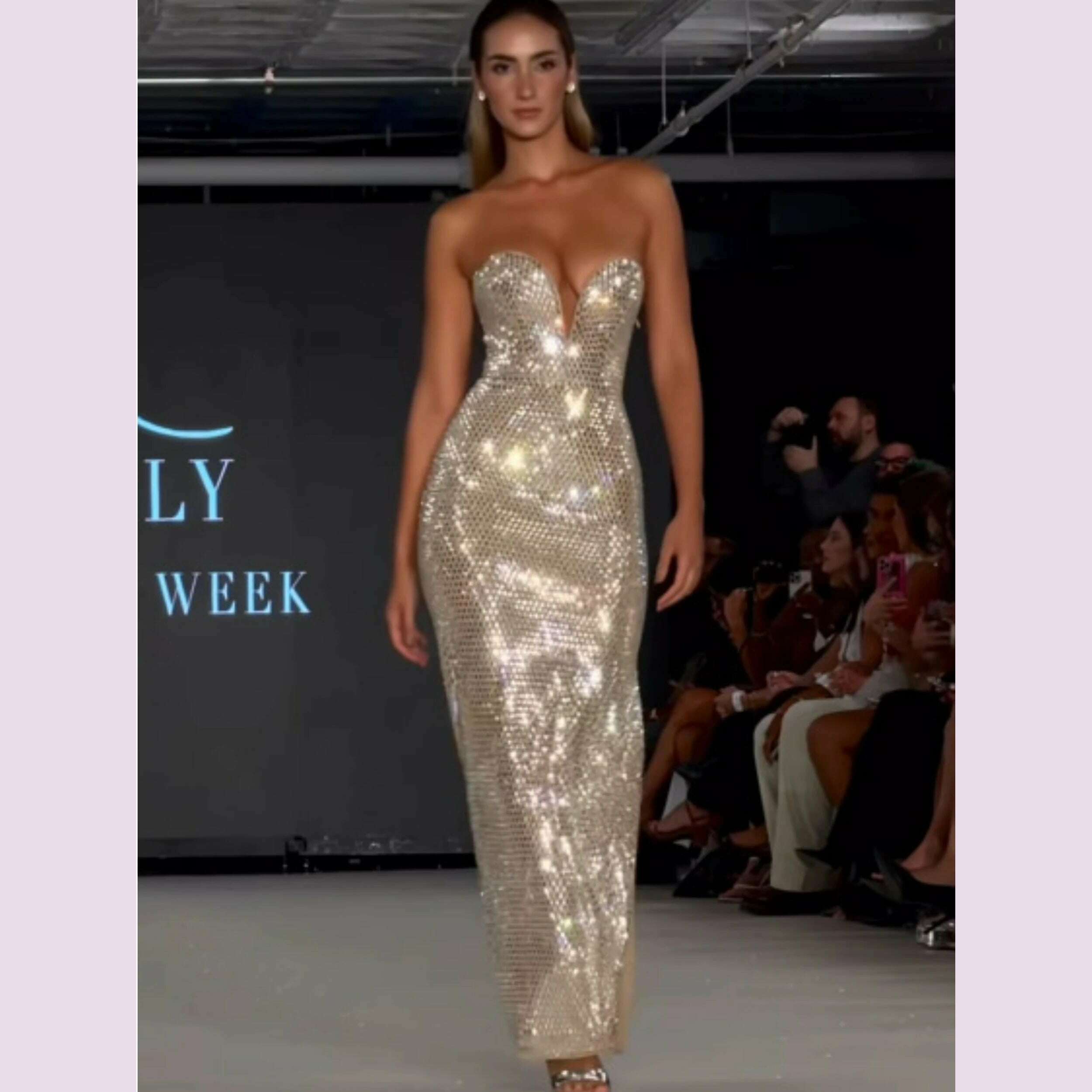 KIMLUD, Women Sexy Strapless Backless Crystal Diamonds Beige Split Maxi Long Bodycon Gowns Dress 2024 Elegant Evening Club Party Outfit, Beige / L, KIMLUD APPAREL - Womens Clothes