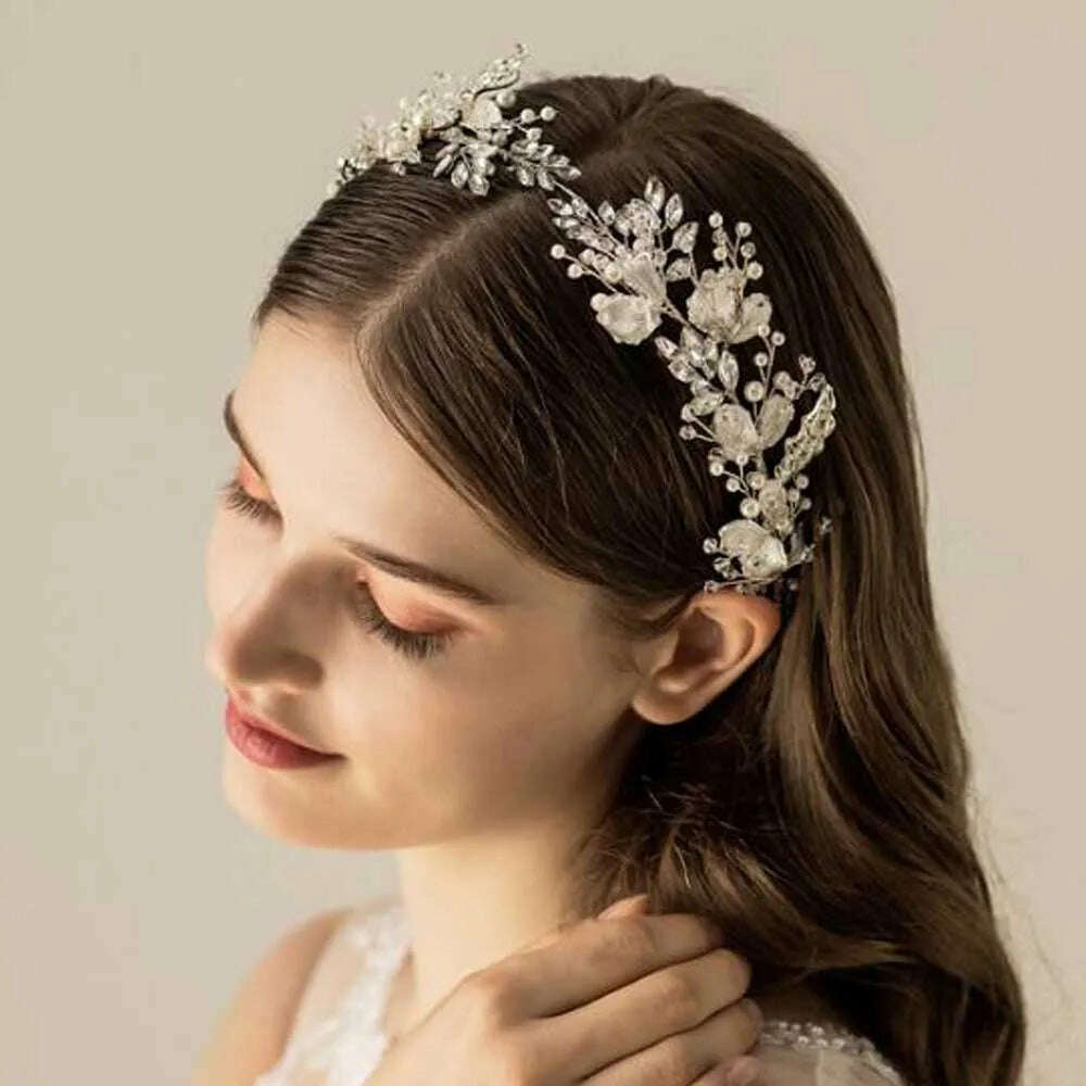 Women Silver Leaf Rhinestones Heabdand Wedding Hair Jewelry Bridal Hair Accessories for Bride Women - KIMLUD
