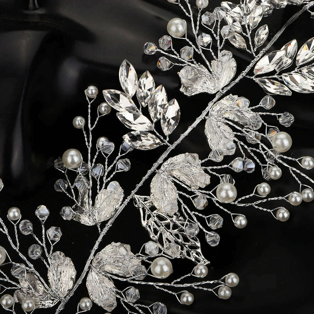 Women Silver Leaf Rhinestones Heabdand Wedding Hair Jewelry Bridal Hair Accessories for Bride Women - KIMLUD