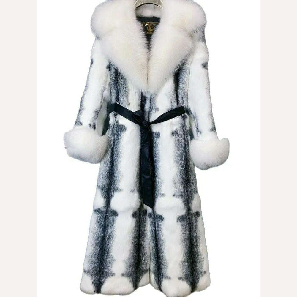 Women Winter Fashion Real Fur Coat X-long Natural Rabbit Fur Jacket With Real Fox Fur Collar Cuffs Winter Jacket Ladies Fur Coat - KIMLUD