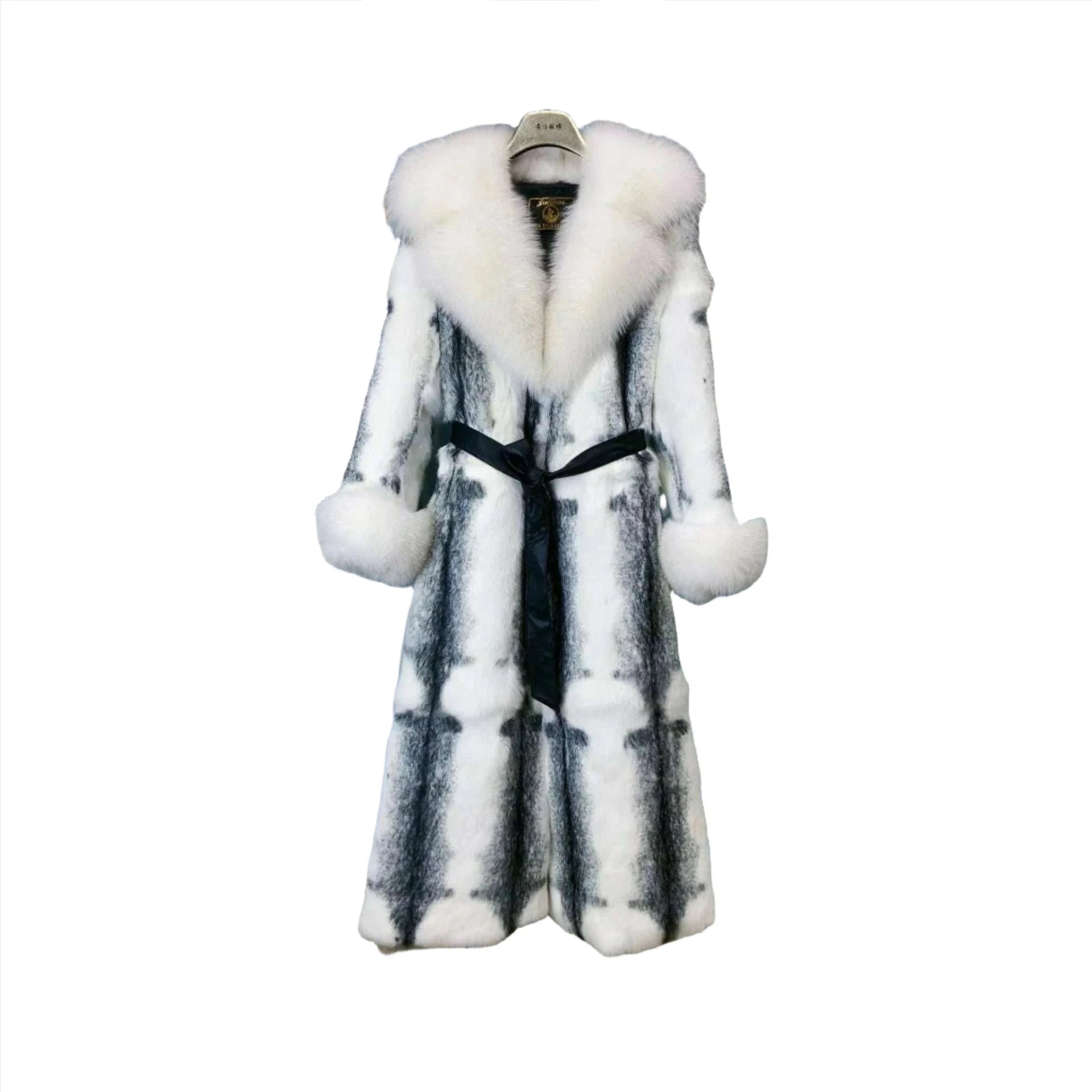 Women Winter Fashion Real Fur Coat X-long Natural Rabbit Fur Jacket With Real Fox Fur Collar Cuffs Winter Jacket Ladies Fur Coat - KIMLUD