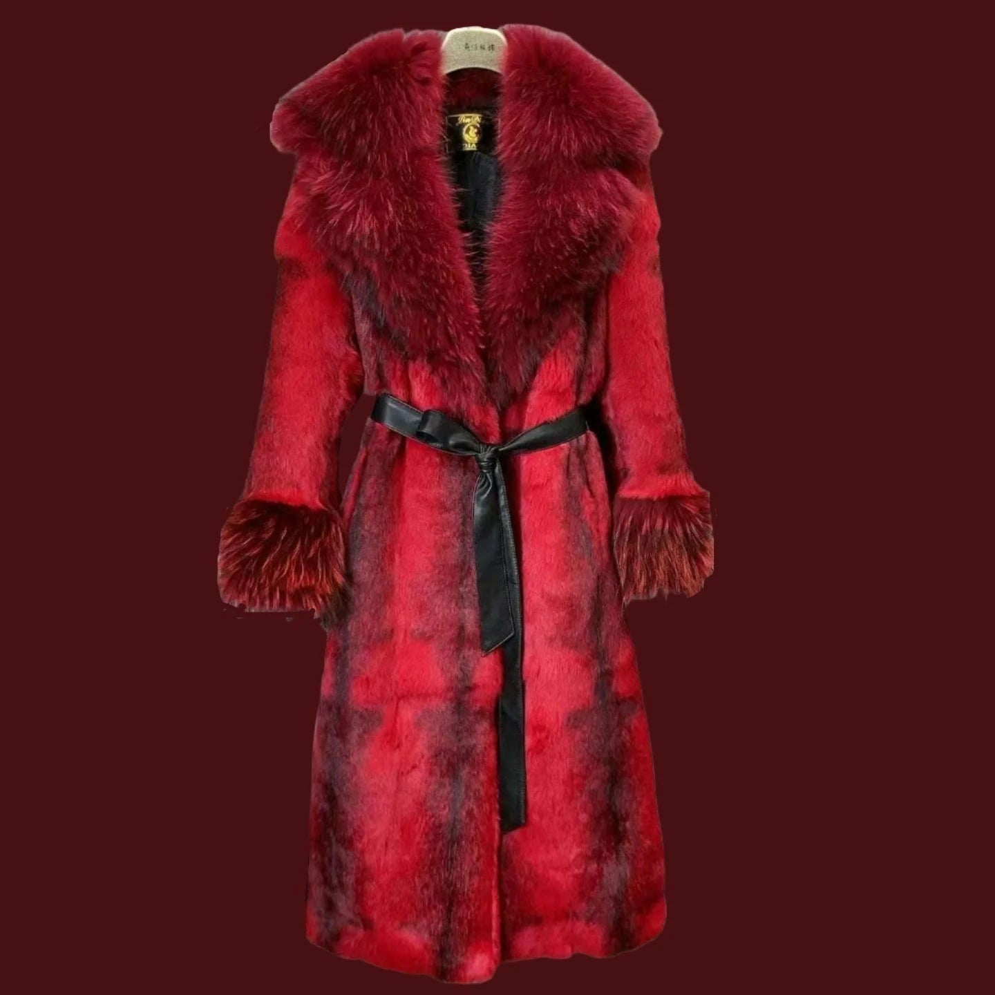 Women Winter Fashion Real Fur Coat X-long Natural Rabbit Fur Jacket With Real Fox Fur Collar Cuffs Winter Jacket Ladies Fur Coat - KIMLUD