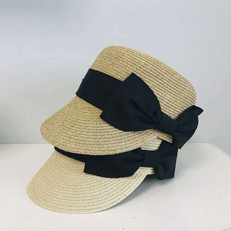 Women's Summer Hat Bow Wide Brim Flat Top Sun Protection Cap Female Sun Hats for Women Sun Visor Beret Hat Beach Hat Straw Hat - KIMLUD