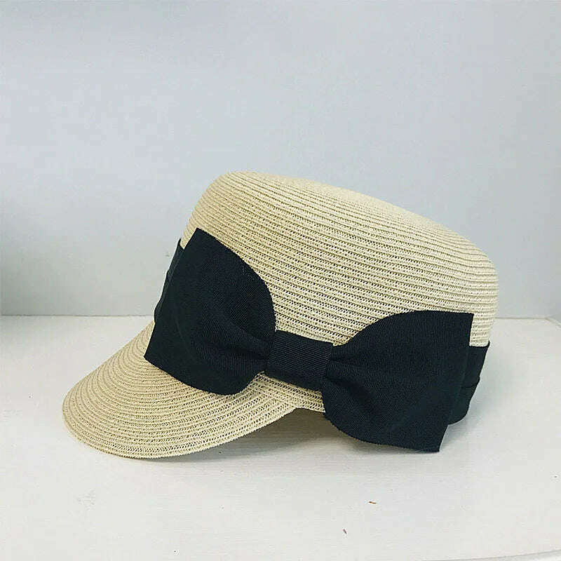 Women's Summer Hat Bow Wide Brim Flat Top Sun Protection Cap Female Sun Hats for Women Sun Visor Beret Hat Beach Hat Straw Hat - KIMLUD