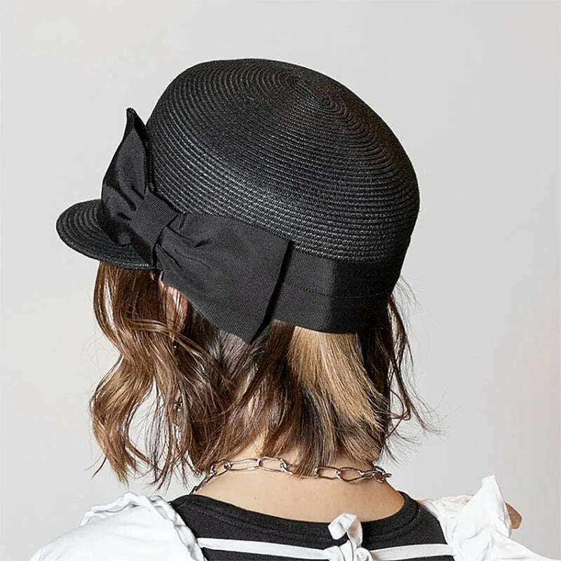 Women's Summer Hat Bow Wide Brim Flat Top Sun Protection Cap Female Sun Hats for Women Sun Visor Beret Hat Beach Hat Straw Hat - KIMLUD