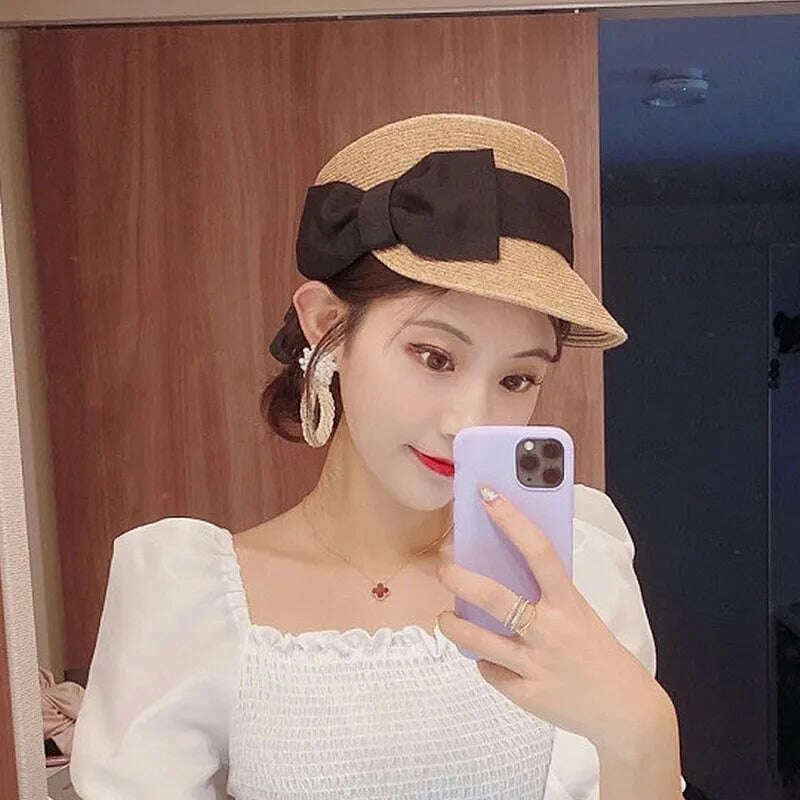 Women's Summer Hat Bow Wide Brim Flat Top Sun Protection Cap Female Sun Hats for Women Sun Visor Beret Hat Beach Hat Straw Hat - KIMLUD