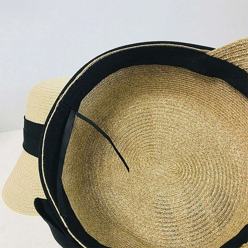 Women's Summer Hat Bow Wide Brim Flat Top Sun Protection Cap Female Sun Hats for Women Sun Visor Beret Hat Beach Hat Straw Hat - KIMLUD