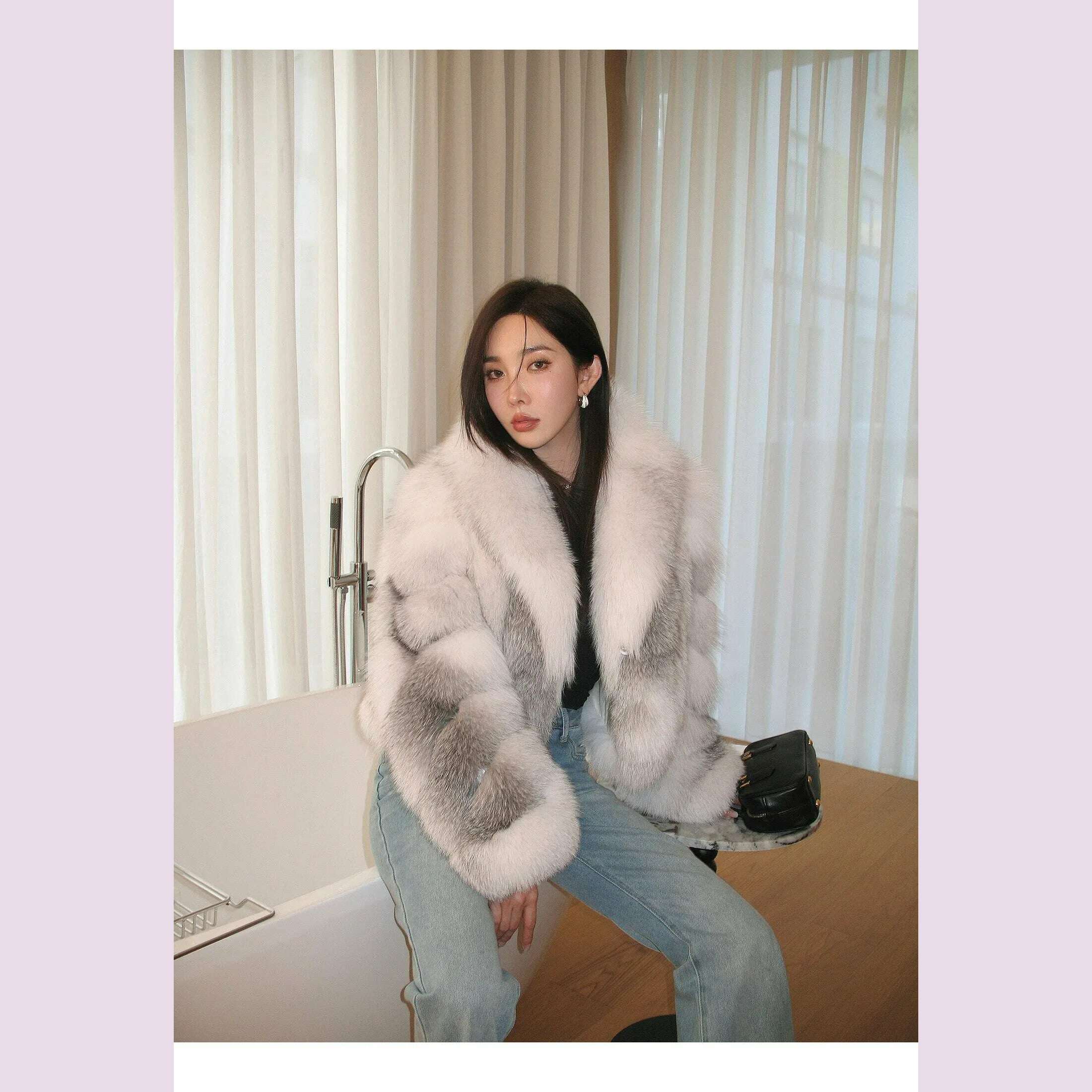 KIMLUD, Women's Fur Real Fox Fur Coat Long Sleeve Luxury Natural Fox Cloth Turn Down Collar, KIMLUD Womens Clothes