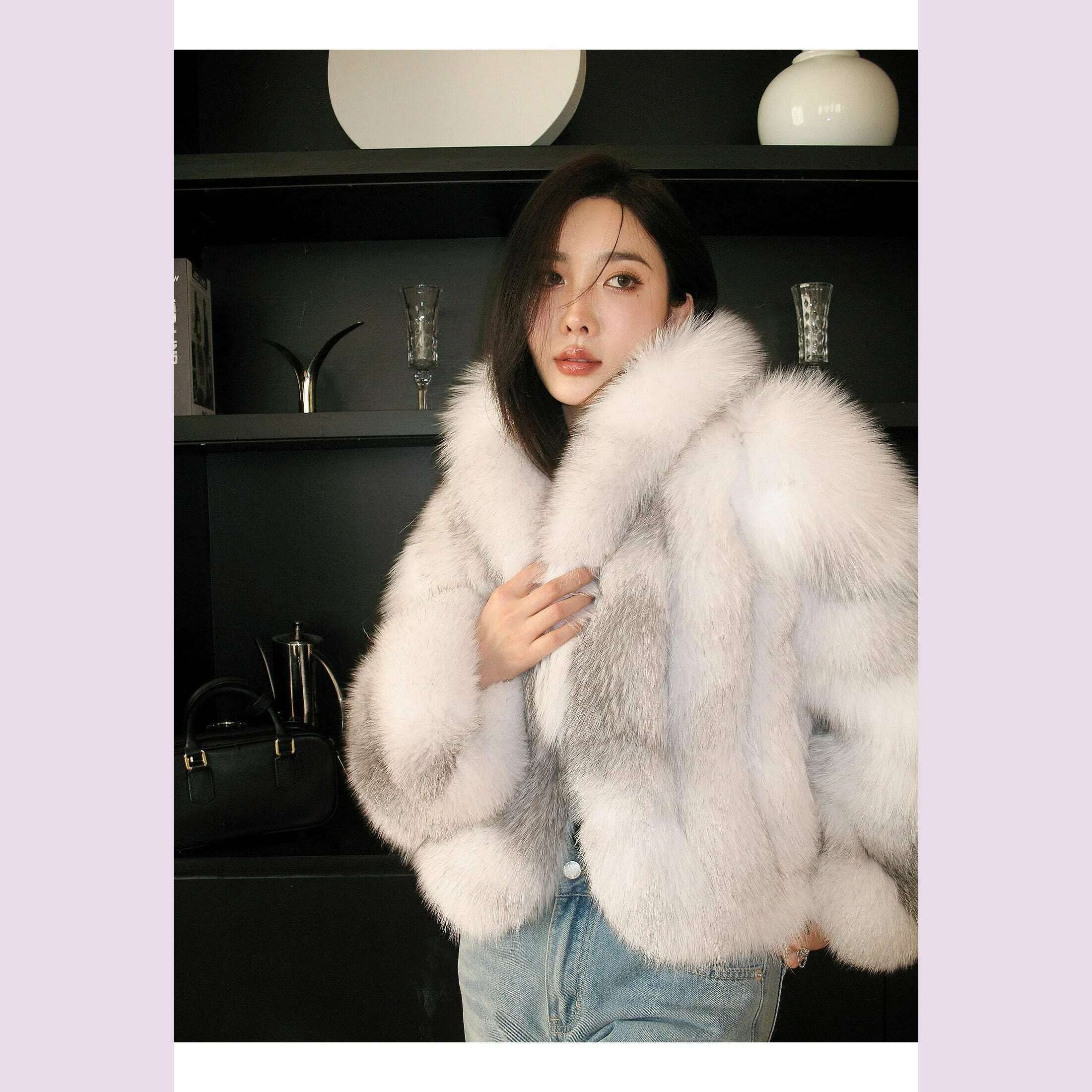 KIMLUD, Women's Fur Real Fox Fur Coat Long Sleeve Luxury Natural Fox Cloth Turn Down Collar, KIMLUD Womens Clothes