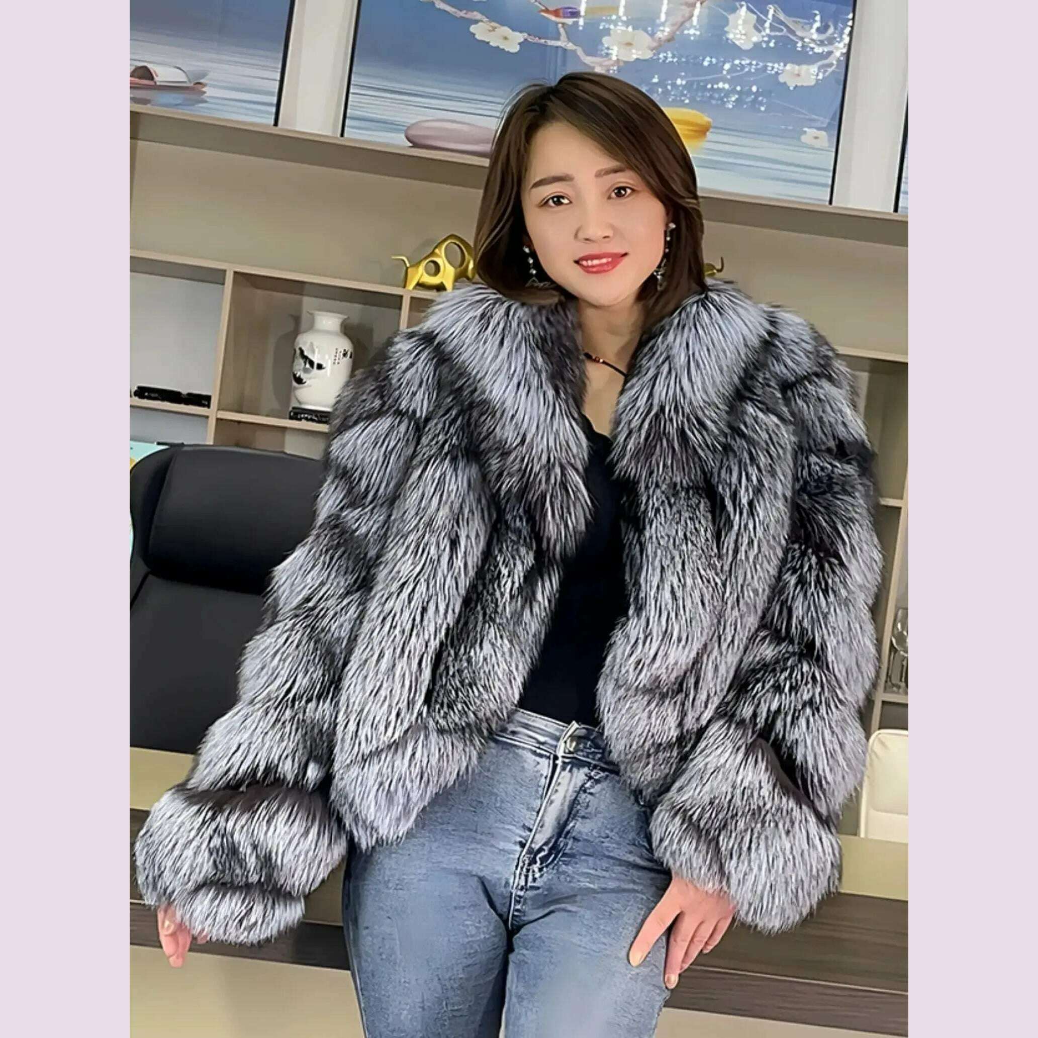 KIMLUD, Women's Fur Real Fox Fur Coat Long Sleeve Luxury Natural Fox Cloth Turn Down Collar, Silver / M, KIMLUD APPAREL - Womens Clothes