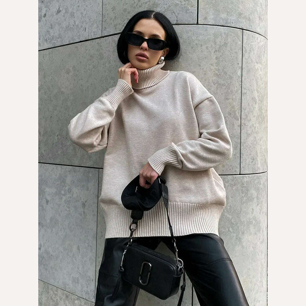 Women's Thick Sweaters Oversize Turtleneck Women Winter Warm White Pullovers Knitted High Neck Oversized Sweater For Women Tops - KIMLUD