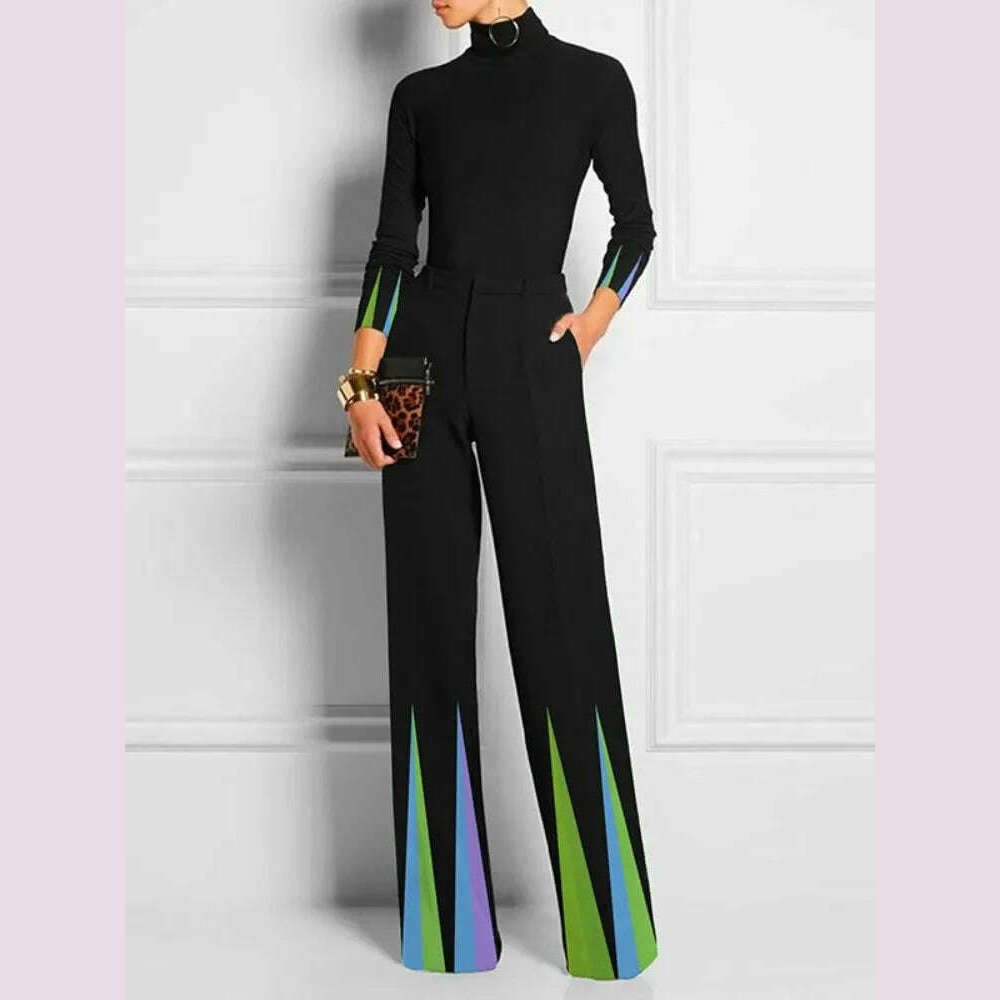 KIMLUD, Yeezzi 2025 New Women Fashion Striped Two Piece Sets Long Sleeves Skinny High Neck Tops Elastic High Waisted Straight Leg Pants, Tops And Pants / S, KIMLUD APPAREL - Womens Clothes