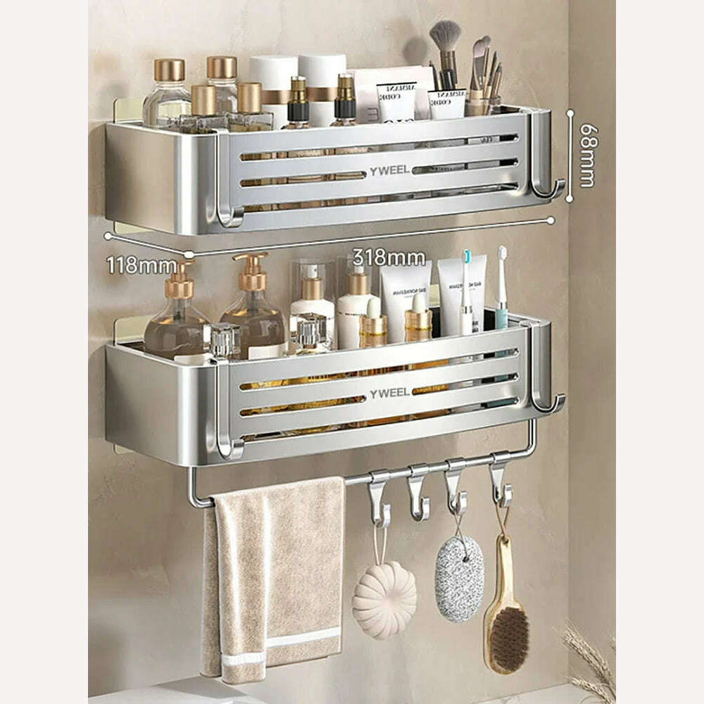 KIMLUD, 1-3 Floors Wall Mounted No Drill Bathroom Shelf Shower Shelf Makeup Organizer Shelf Shampoo Stand Bathroom Accessories, Silver A-2 PCS-Hook, KIMLUD APPAREL - Womens Clothes