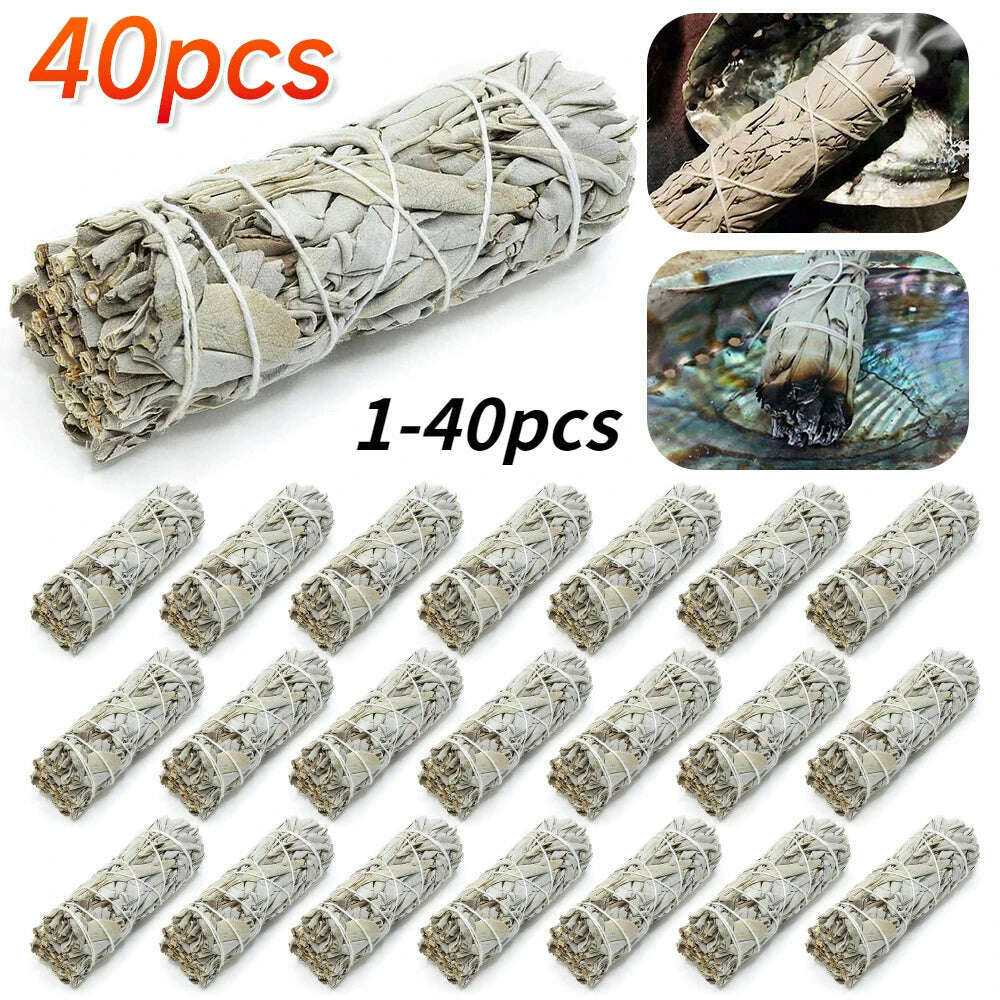 1-40PCS 10.5cm Natural White Sage Bundle Smudge Sticks Pure Leaf Smoky For Yoga Home Cleansing Healing Meditation Smudging - KIMLUD