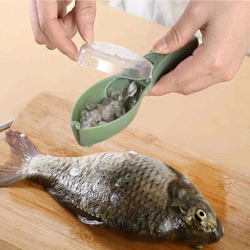 1 Fish Scale Grater With Cover Manual Green Fish Scale Removal Scraper With Storage Container Kitchen Gadget - KIMLUD