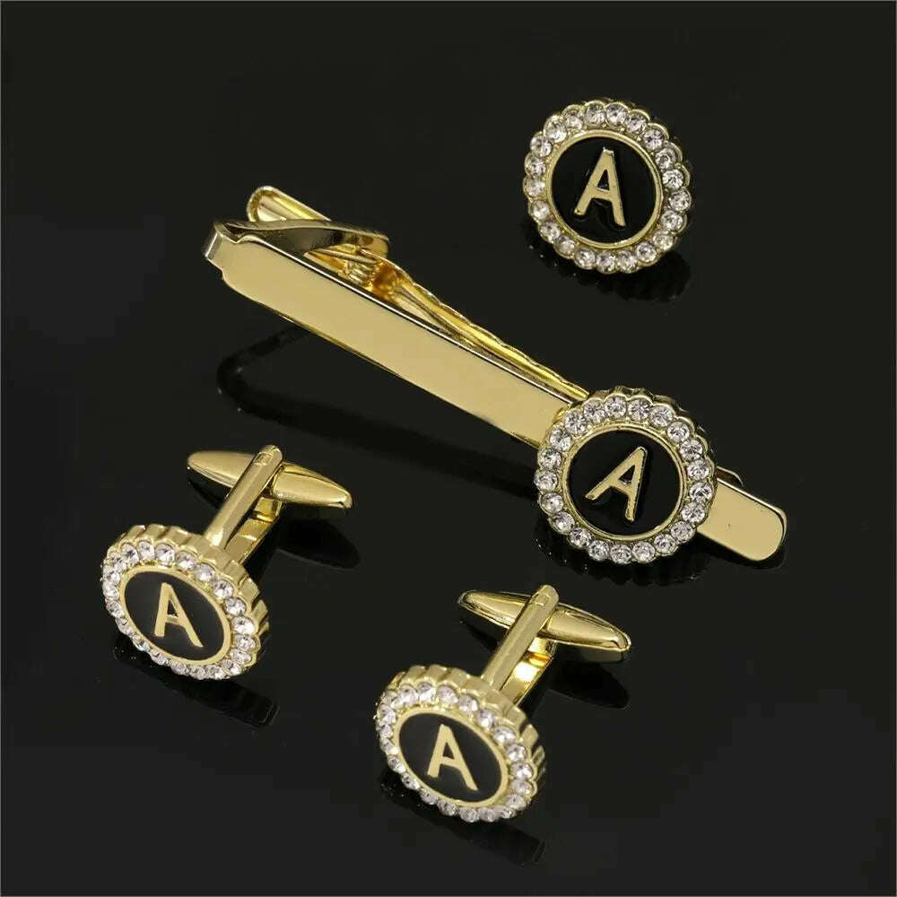 1 Set Of A-B-Z Letters Capital Initial Cufflinks And Tie Clip Jewelry Mens Crystal Round Cuff Links Father's Day Birthday Gift - KIMLUD