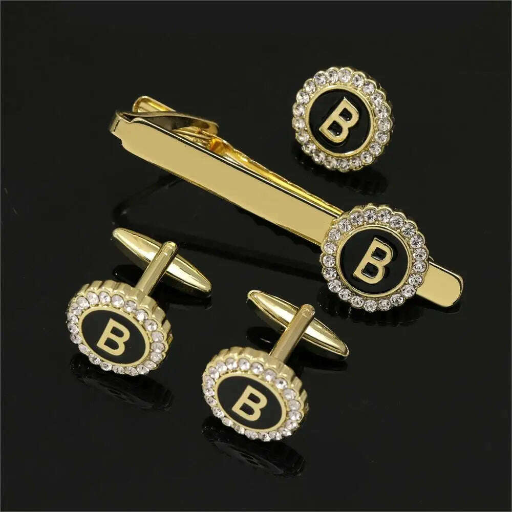 1 Set Of A-B-Z Letters Capital Initial Cufflinks And Tie Clip Jewelry Mens Crystal Round Cuff Links Father's Day Birthday Gift - KIMLUD