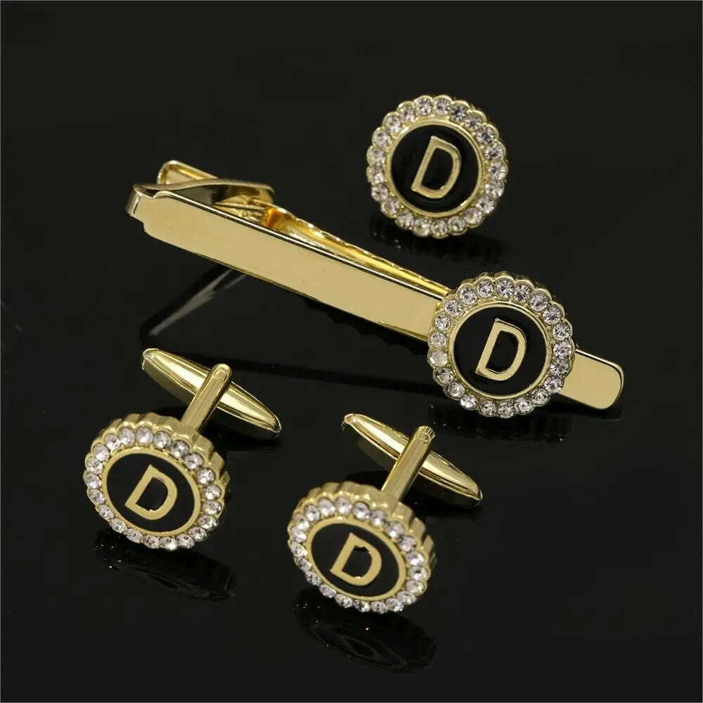 1 Set Of A-B-Z Letters Capital Initial Cufflinks And Tie Clip Jewelry Mens Crystal Round Cuff Links Father's Day Birthday Gift - KIMLUD