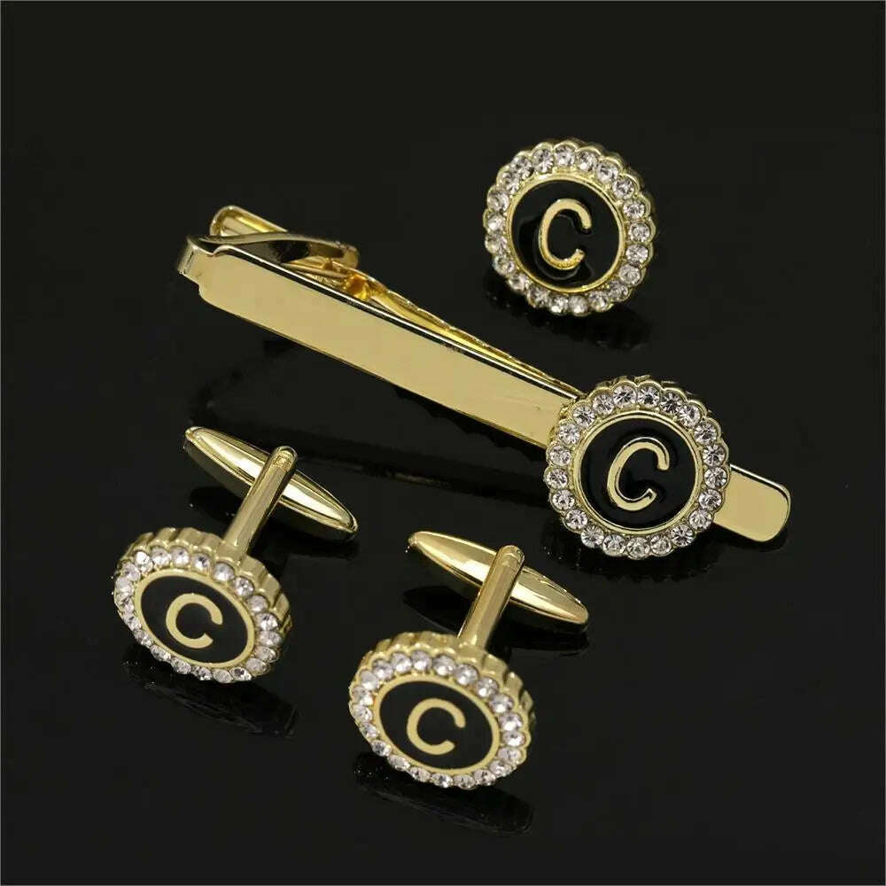 1 Set Of A-B-Z Letters Capital Initial Cufflinks And Tie Clip Jewelry Mens Crystal Round Cuff Links Father's Day Birthday Gift - KIMLUD