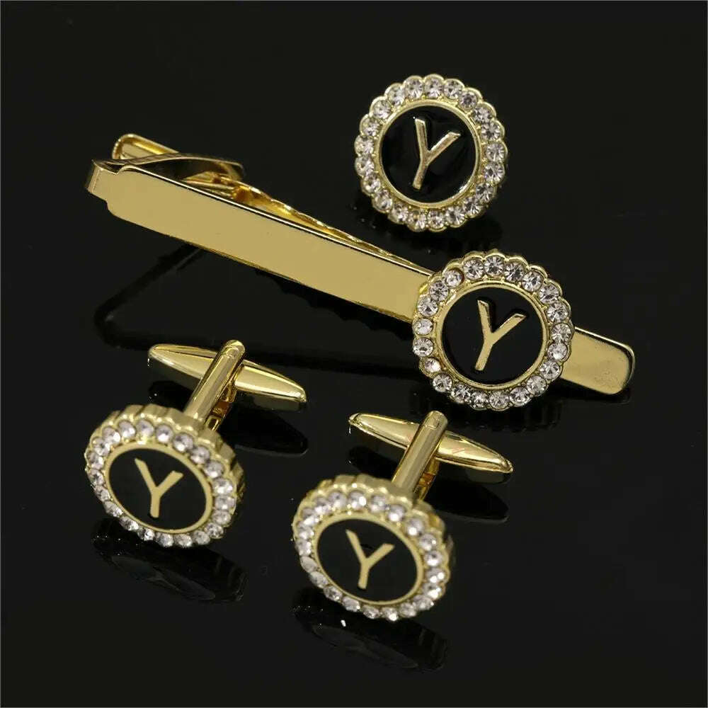 1 Set Of A-B-Z Letters Capital Initial Cufflinks And Tie Clip Jewelry Mens Crystal Round Cuff Links Father's Day Birthday Gift - KIMLUD