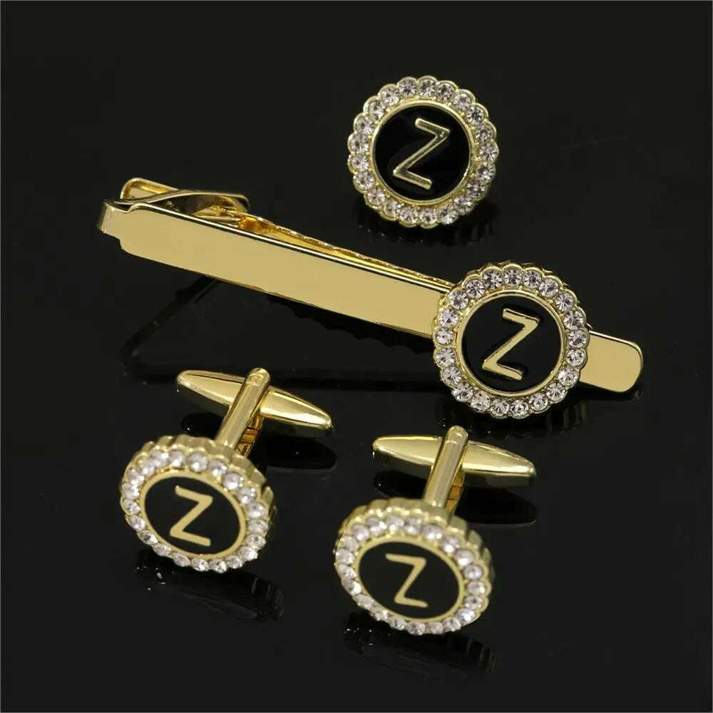 1 Set Of A-B-Z Letters Capital Initial Cufflinks And Tie Clip Jewelry Mens Crystal Round Cuff Links Father's Day Birthday Gift - KIMLUD