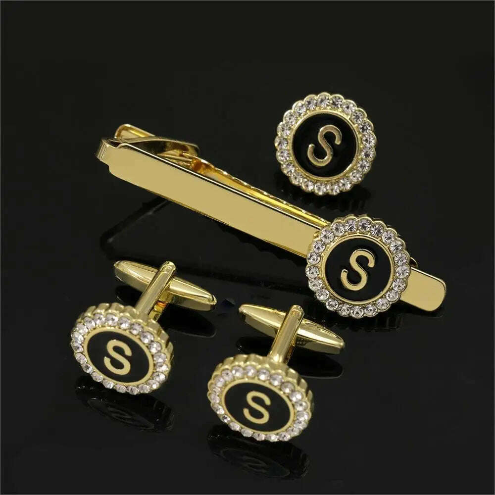 1 Set Of A-B-Z Letters Capital Initial Cufflinks And Tie Clip Jewelry Mens Crystal Round Cuff Links Father's Day Birthday Gift - KIMLUD