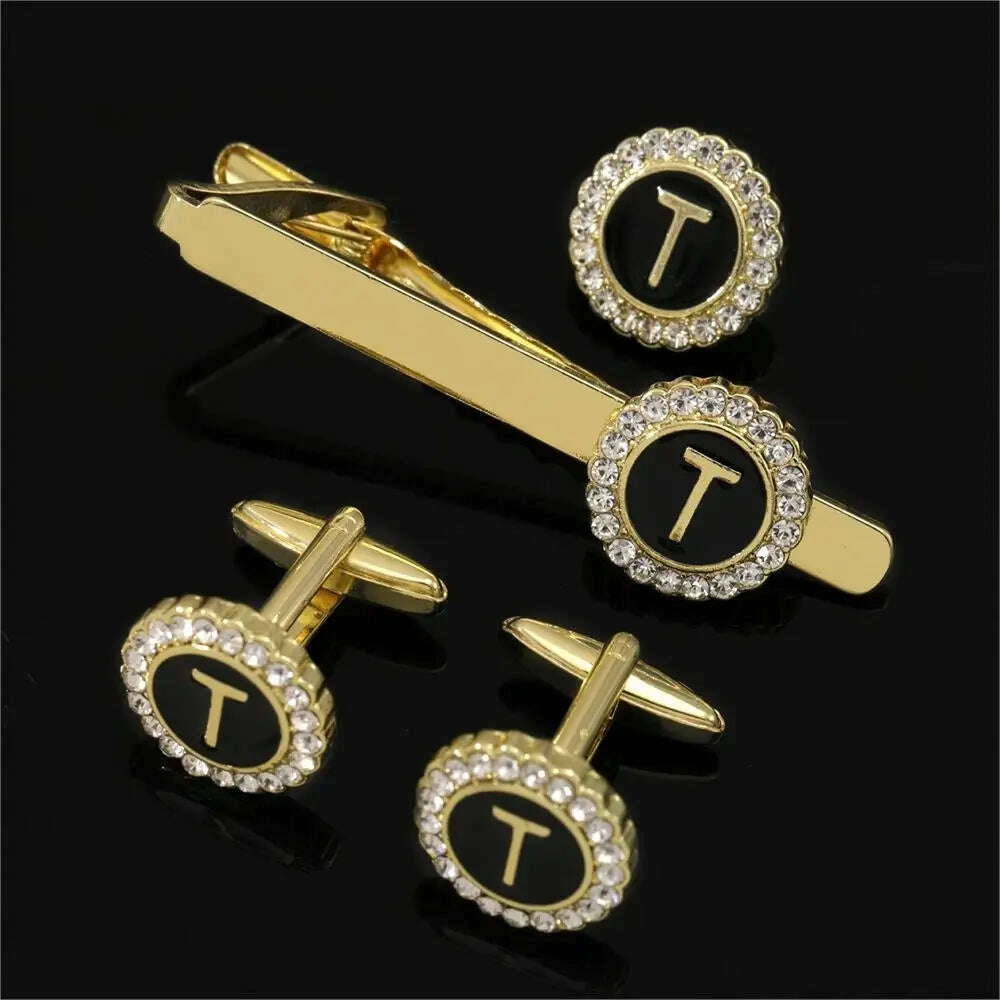 1 Set Of A-B-Z Letters Capital Initial Cufflinks And Tie Clip Jewelry Mens Crystal Round Cuff Links Father's Day Birthday Gift - KIMLUD