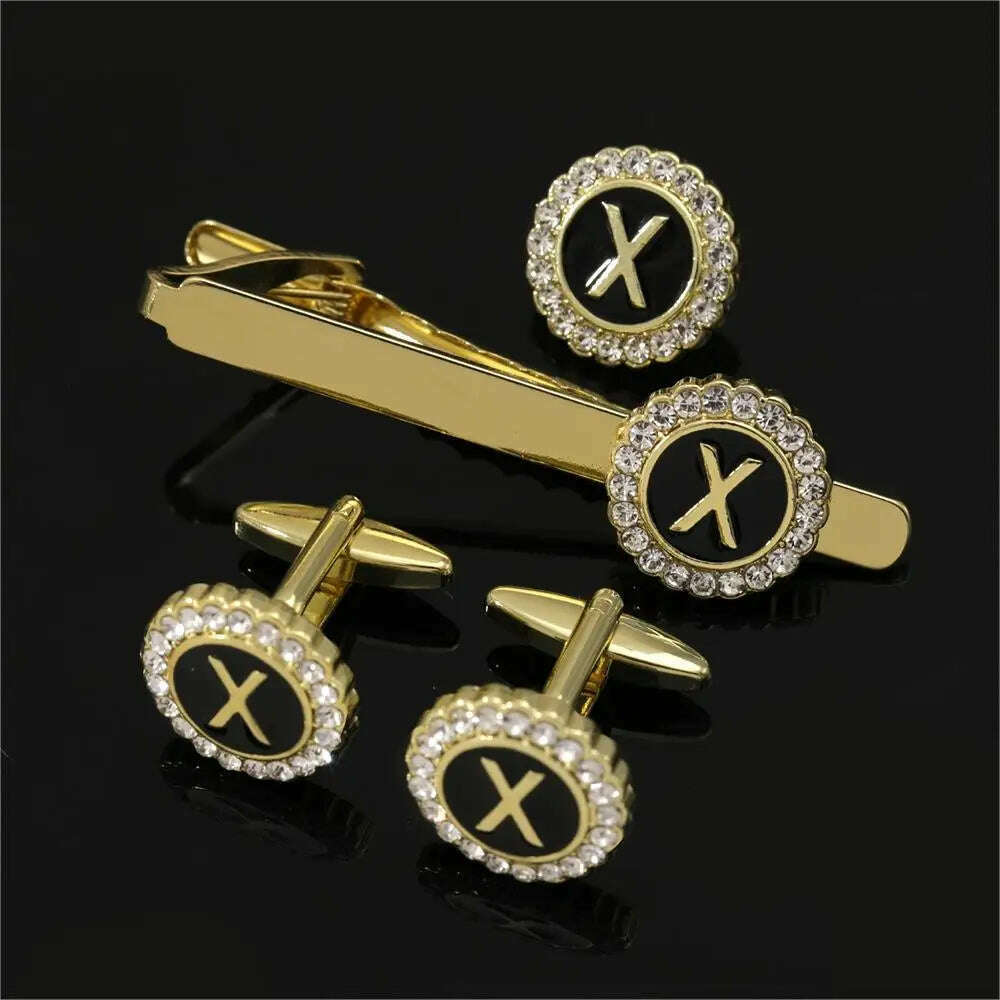 1 Set Of A-B-Z Letters Capital Initial Cufflinks And Tie Clip Jewelry Mens Crystal Round Cuff Links Father's Day Birthday Gift - KIMLUD