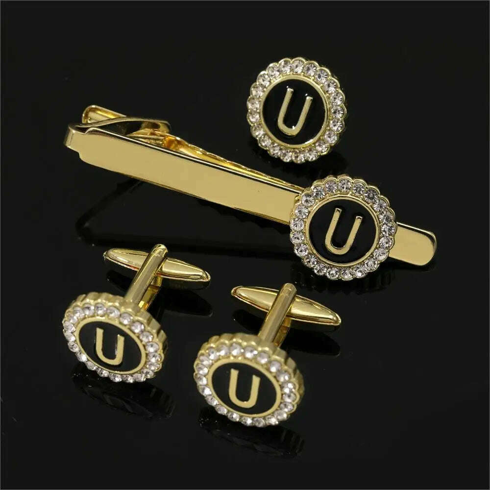 1 Set Of A-B-Z Letters Capital Initial Cufflinks And Tie Clip Jewelry Mens Crystal Round Cuff Links Father's Day Birthday Gift - KIMLUD