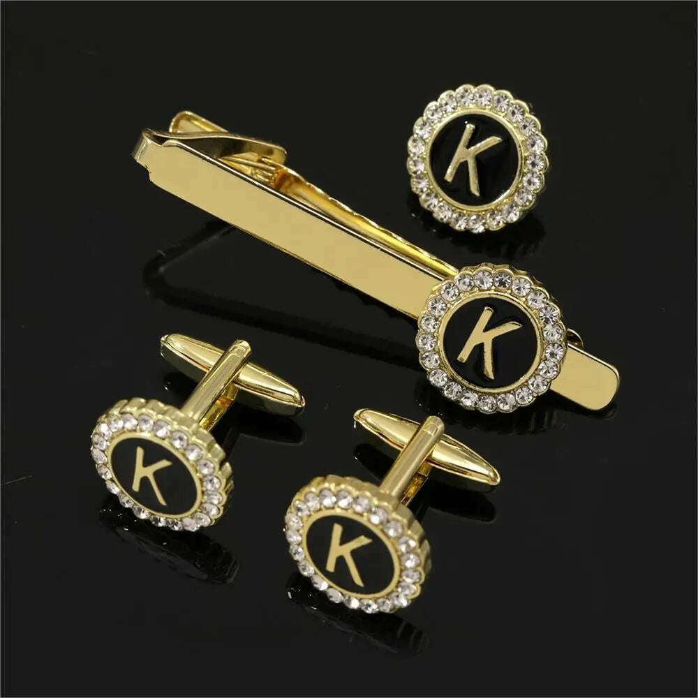 KIMLUD, 1 Set Of A-B-Z Letters Capital Initial Cufflinks And Tie Clip Jewelry Mens Crystal Round Cuff Links Father's Day Birthday Gift, K / CHINA, KIMLUD APPAREL - Womens Clothes