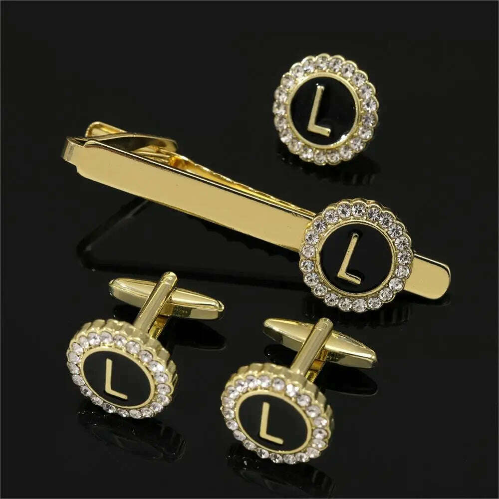 1 Set Of A-B-Z Letters Capital Initial Cufflinks And Tie Clip Jewelry Mens Crystal Round Cuff Links Father's Day Birthday Gift - KIMLUD