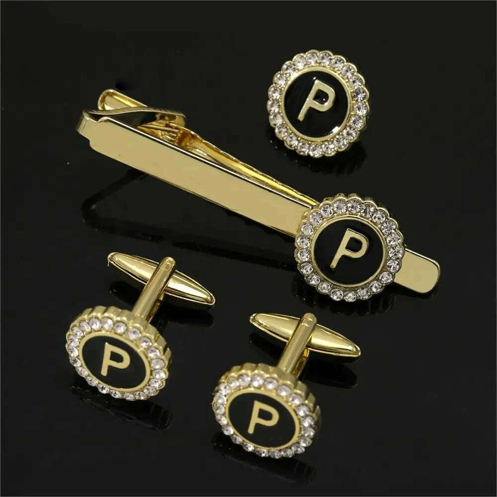 1 Set Of A-B-Z Letters Capital Initial Cufflinks And Tie Clip Jewelry Mens Crystal Round Cuff Links Father's Day Birthday Gift - KIMLUD