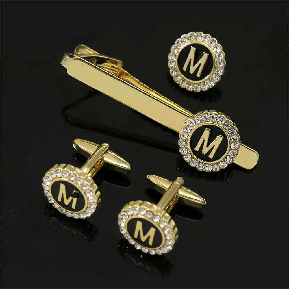 1 Set Of A-B-Z Letters Capital Initial Cufflinks And Tie Clip Jewelry Mens Crystal Round Cuff Links Father's Day Birthday Gift - KIMLUD