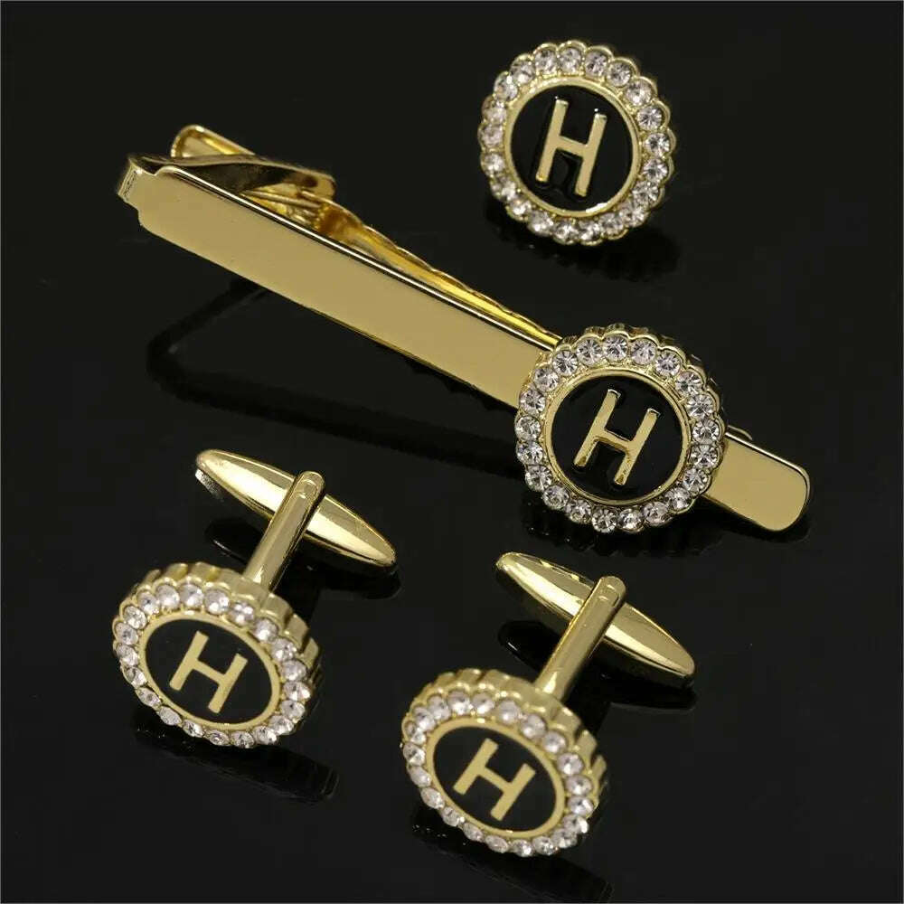 1 Set Of A-B-Z Letters Capital Initial Cufflinks And Tie Clip Jewelry Mens Crystal Round Cuff Links Father's Day Birthday Gift - KIMLUD