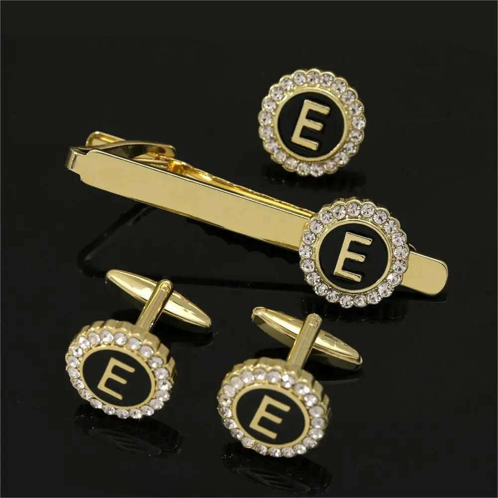 1 Set Of A-B-Z Letters Capital Initial Cufflinks And Tie Clip Jewelry Mens Crystal Round Cuff Links Father's Day Birthday Gift - KIMLUD