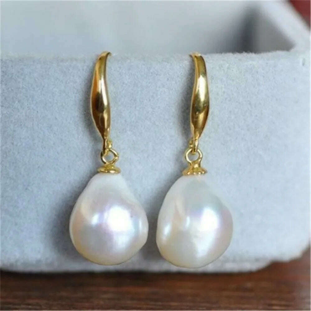 10-12mm Natural White Baroque Pearl Earrings 18K Dangle Hook wedding cultured teardrop - KIMLUD