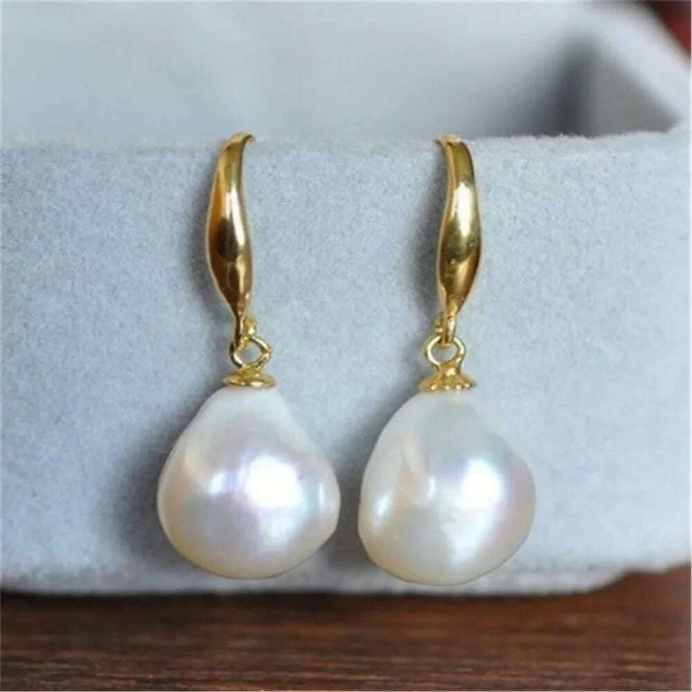 10-12mm Natural White Baroque Pearl Earrings 18K Dangle Hook wedding cultured teardrop - KIMLUD