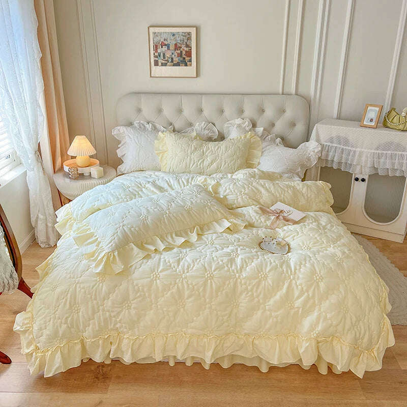 KIMLUD, 100% Cotton Korean Princess Solid White Bedding Sets Ruffle Bedspread Flower Embroidered Duvet Cover Bed Skirt Pillowcases, as picture 1 / Full Size 4pcs / Flat Bedsheet, KIMLUD APPAREL - Womens Clothes