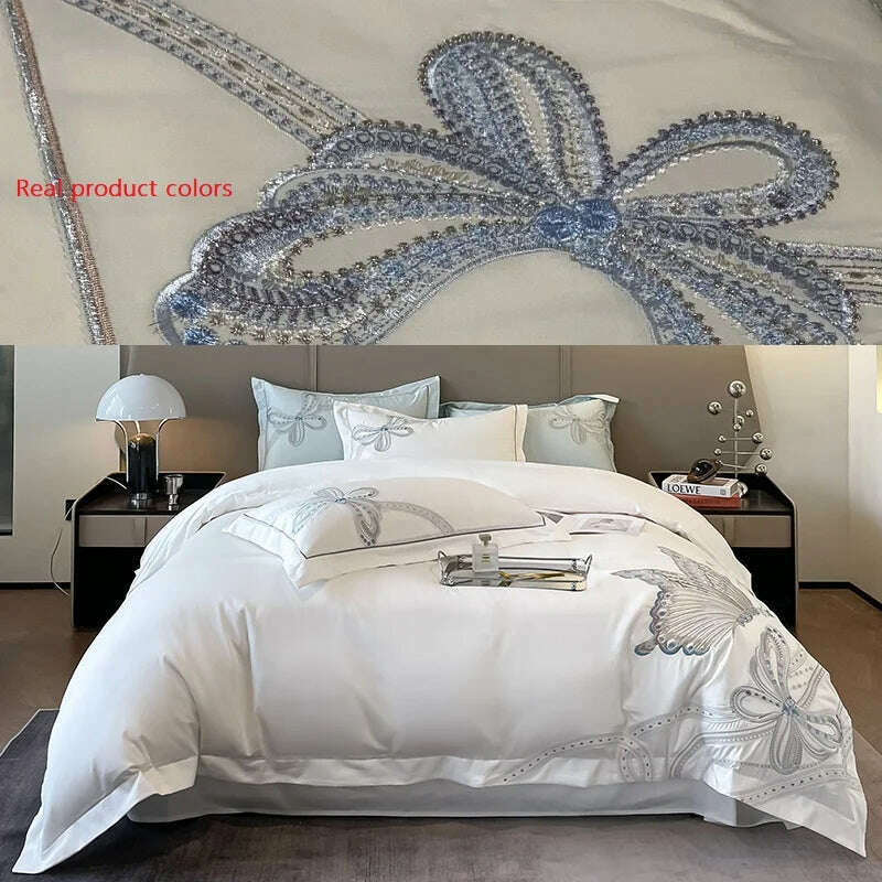 KIMLUD, 100% Egyptian Cotton Luxury Butterfly Embroidery Wedding Bedding Set 100% Cotton Duvet Cover Flat/Fitted Bed Sheet Pillowcases, Cream color / Queen Size 4pcs / Flat Bed Sheet, KIMLUD APPAREL - Womens Clothes