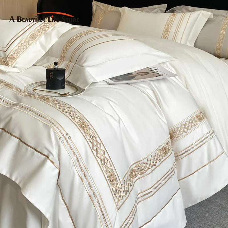 100% Egyptian Cotton Luxury Gold Embroidery Hotel Style Bedding White Grey Duvet Cover Set Fitted Sheet Bed Sheet Pillowcases - KIMLUD