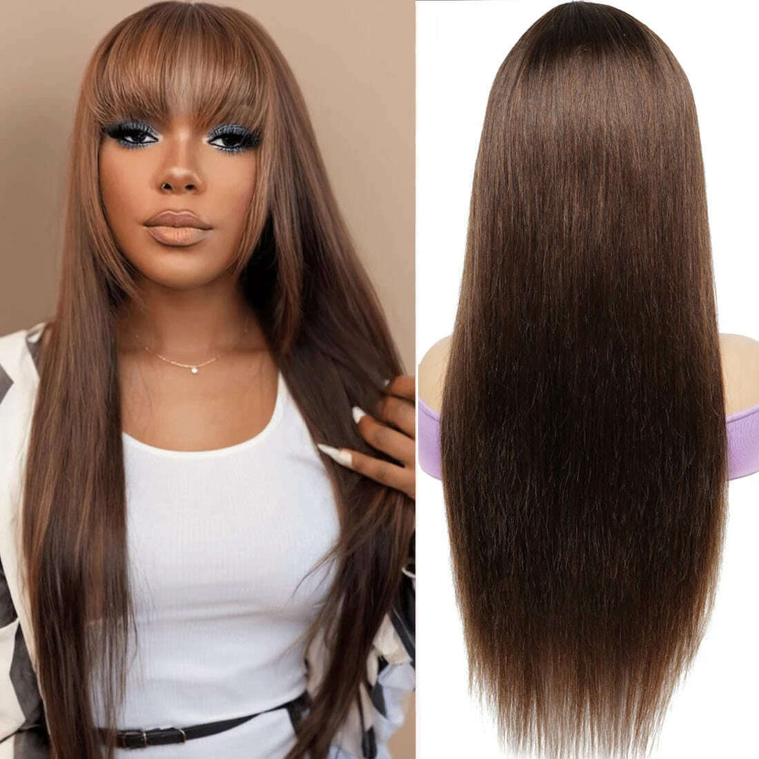 100% Human Hair Wigs Full Wig with Bang Brown Natural Black Color Long Straight Machine Made Wig with Fringe Bobbi Collection - KIMLUD