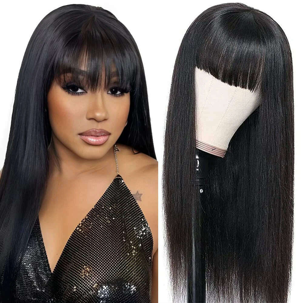 100% Human Hair Wigs Full Wig with Bang Brown Natural Black Color Long Straight Machine Made Wig with Fringe Bobbi Collection - KIMLUD